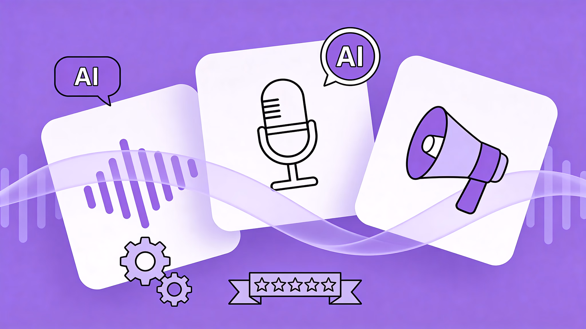 AI dubbing software compared: three floating app tiles connected by a violet soundwave ribbon