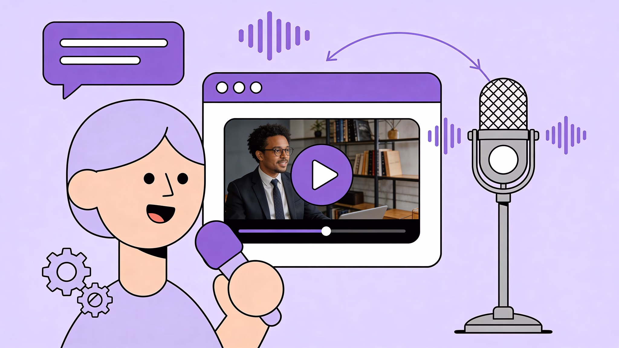 KI-Dubbing vs. Voiceover: ein modernes Kondensator-Mikrofon und ein klassisches Broadcast-Mikrofon, verbunden durch ein violettes Klangwellen-Band