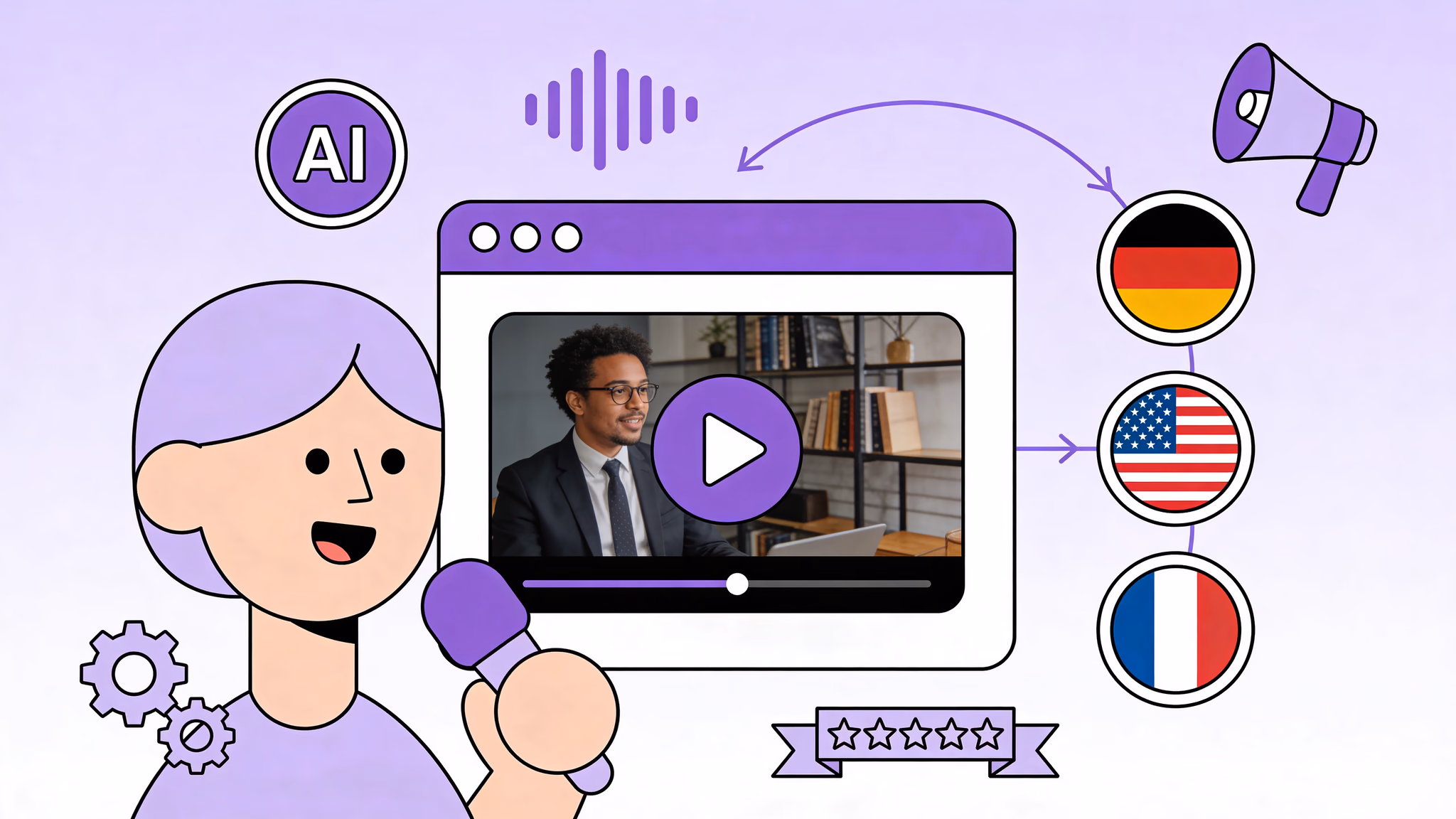 AI dubbing illustrated: a studio microphone wrapped in a violet soundwave ribbon, representing voice translation across languages