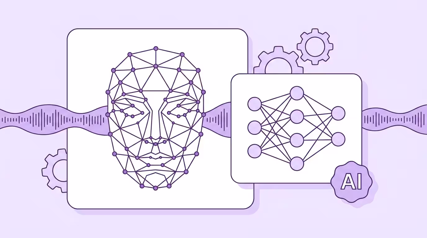AI lip sync technology: a geometric face mesh next to neural network nodes with an AI badge, illustrating the generative models behind lip synchronization