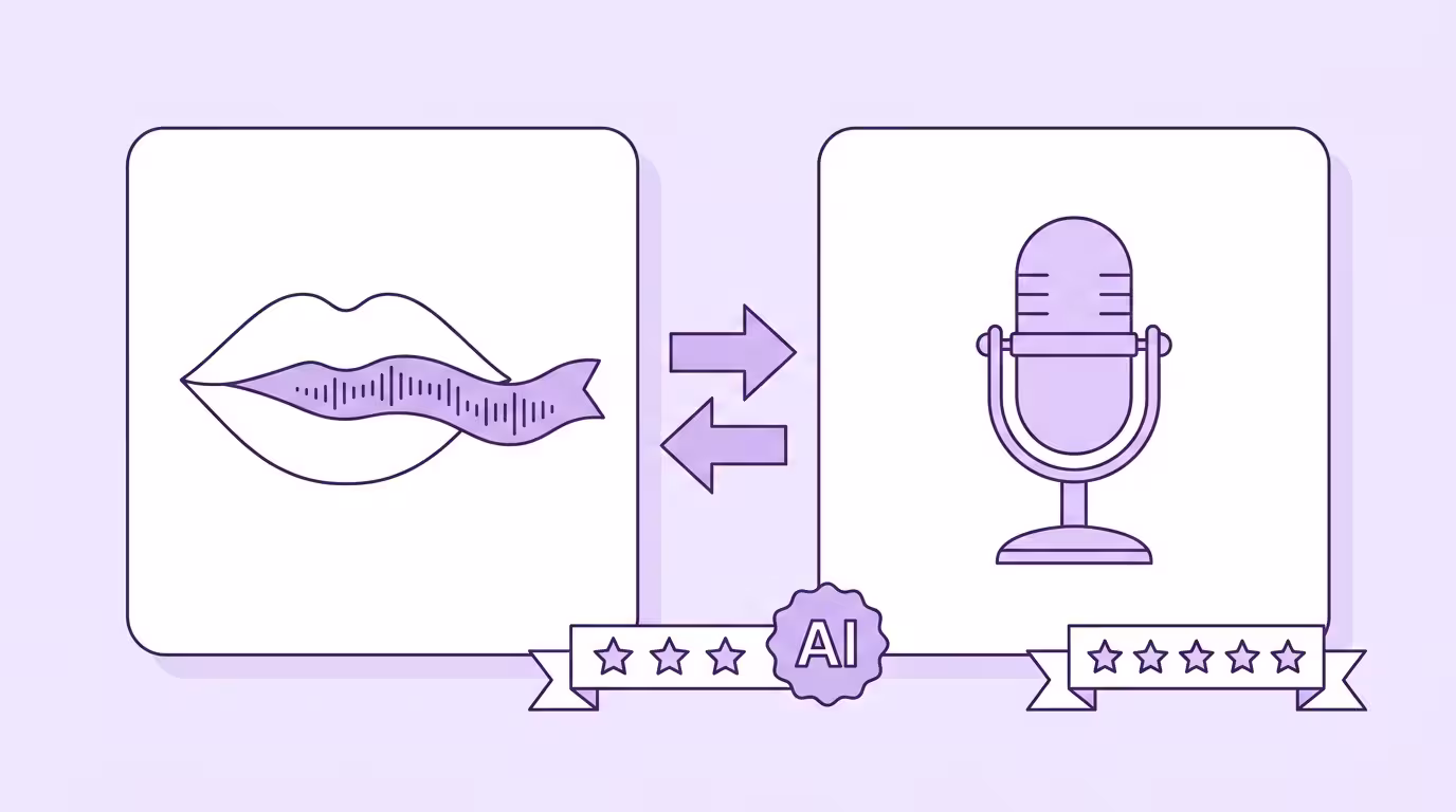 Lip sync vs. dubbing compared: a lips icon carrying a soundwave opposite a studio microphone, linked by opposing arrows, representing visual versus audio-only translation