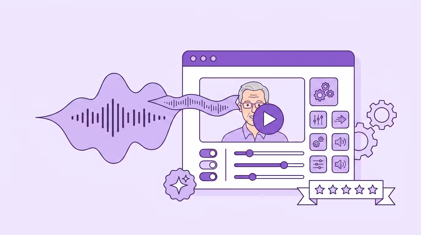 Oberfläche einer KI-Videoübersetzungs-Software: Fenster mit Sprecher-Vorschau, lila Schaltern, Reglern und Steuerungen für Voice Cloning und Lippensynchronisation