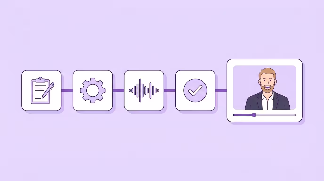 Videoübersetzungs-Workflow: horizontale Zeitleiste von Planungs-Klemmbrett über Zahnrad, Sprachwellenform und Häkchen bis zum fertigen lippensynchronen Videoplayer