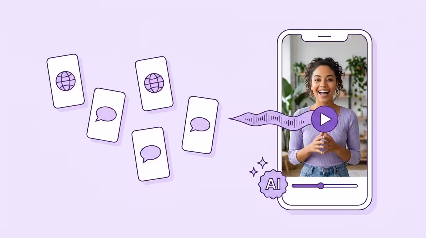 Social-Media-Übersetzung: ein Smartphone mit dem Video einer Creatorin, eine violette Klangwelle verzweigt in schwebende Karten mit Globus- und Sprechblasen-Icons