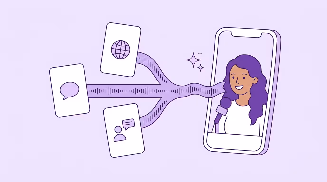 Instagram Reels translation: a smartphone playing an influencer's vertical reel, a violet soundwave splitting into floating reel cards with speech-bubble and globe icons