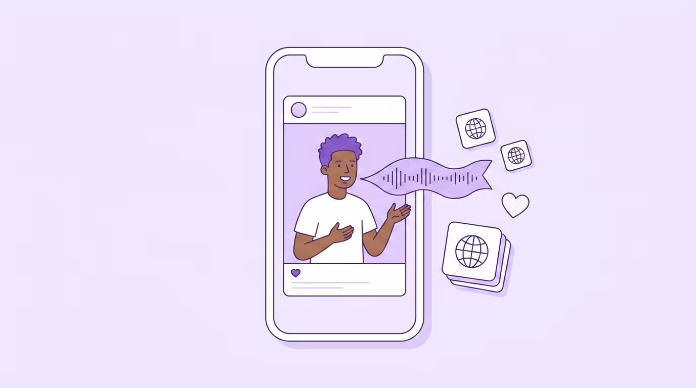 Instagram video translation: a smartphone showing a creator in a square feed video, a violet soundwave flowing into square cards with globe icons and an outline heart