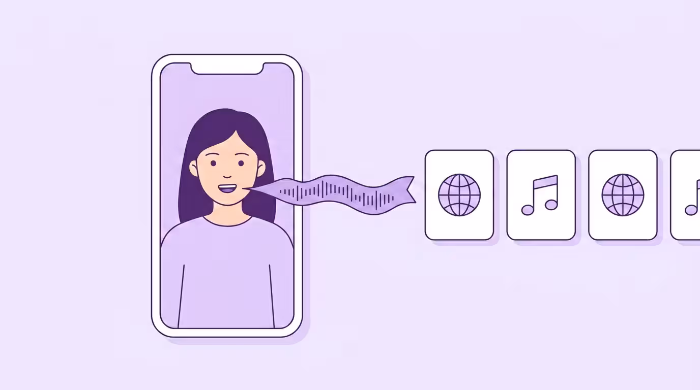 TikTok-Video übersetzen: ein Smartphone mit dem vertikalen Short einer Creatorin, eine violette Klangwelle fließt in vertikale Karten mit Globus- und Notensymbol-Icons