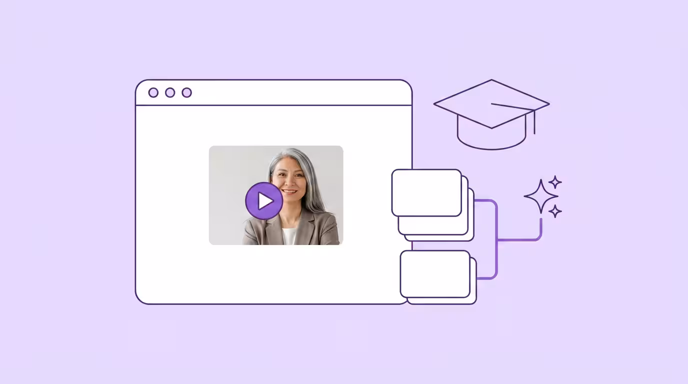 Videolokalisierung für E-Learning: eine Fensterkarte mit Video einer Lehrerin neben Doktorhut-Icon und gestapelten Lektionskarten an einer lila Linie