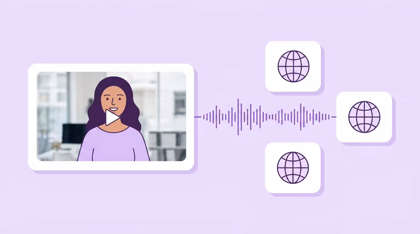 Video localization for YouTube: a horizontal video player of a creator speaking with a purple soundwave flowing right into three cards each holding a plain globe icon