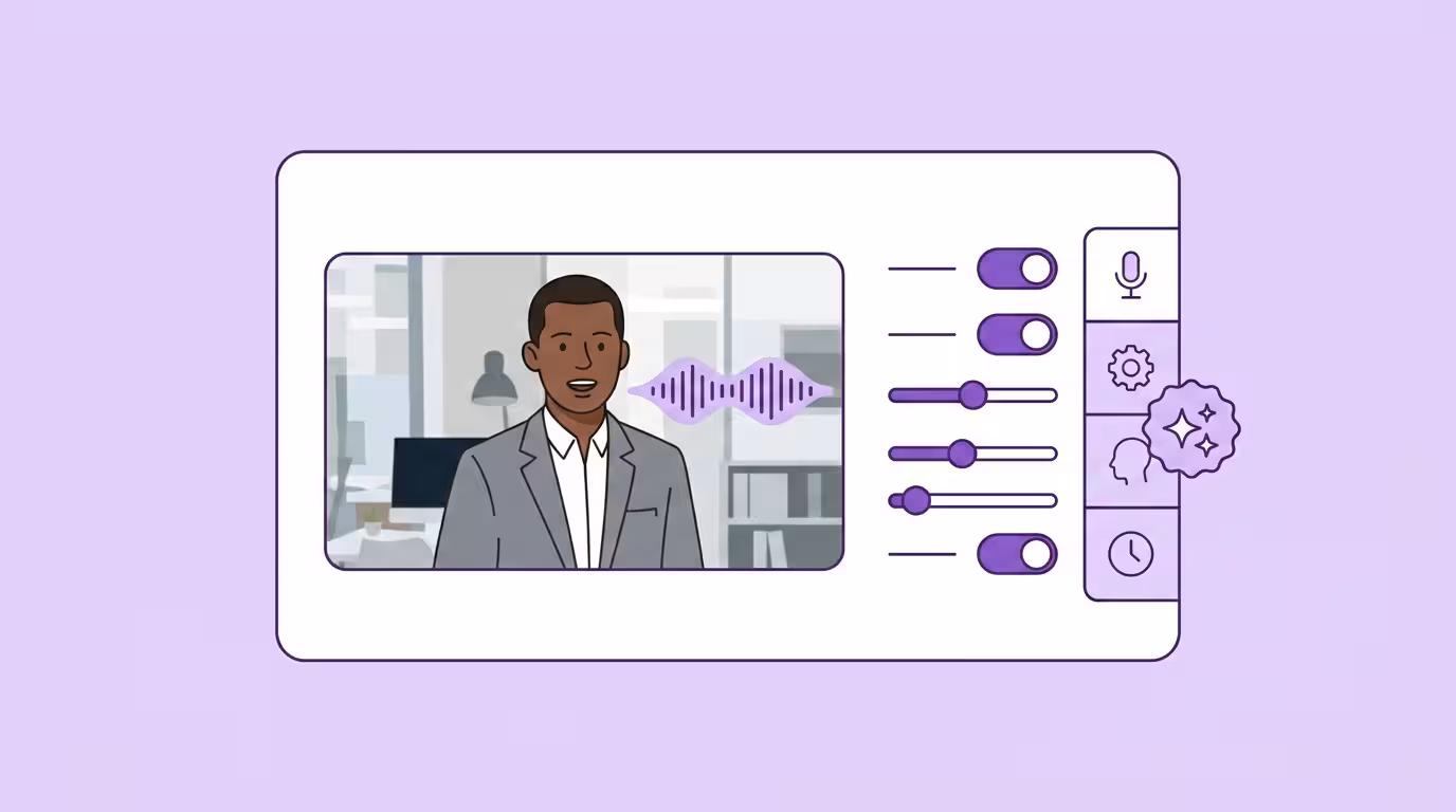 Videolokalisierung-Software: ein Software-Fenster mit Video neben einer Spalte aus lila Schaltern, Reglern, Feature-Icons und einem KI-Funken-Badge