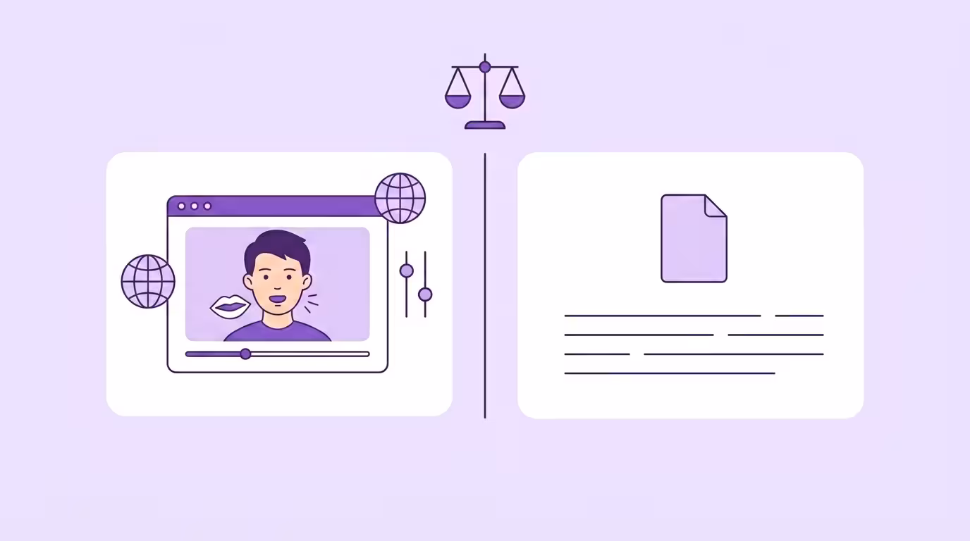 Lokalisierung vs. Übersetzung: zwei Karten geteilt durch einen lila Trenner, links ein Video-Player mit Globus-Icons, rechts ein Untertitel-Dokument, darüber eine Waage