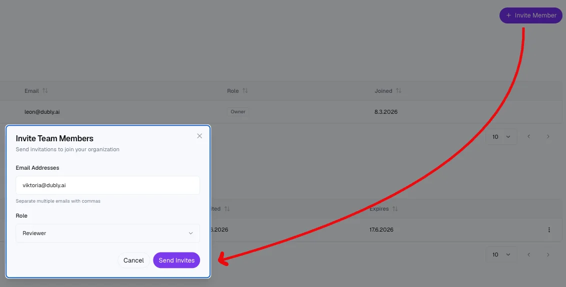 The Invite Team Members dialog: enter an email address and pick the role Reviewer