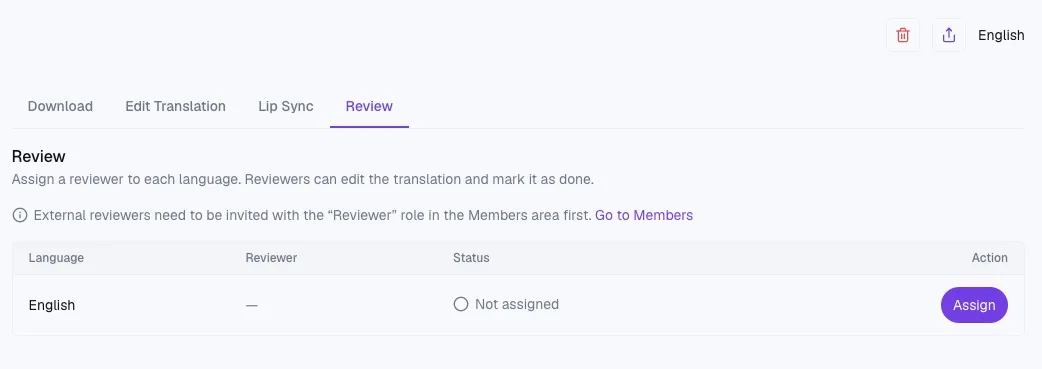 The Review tab on a finished video: the target language with reviewer, status, and an Assign button
