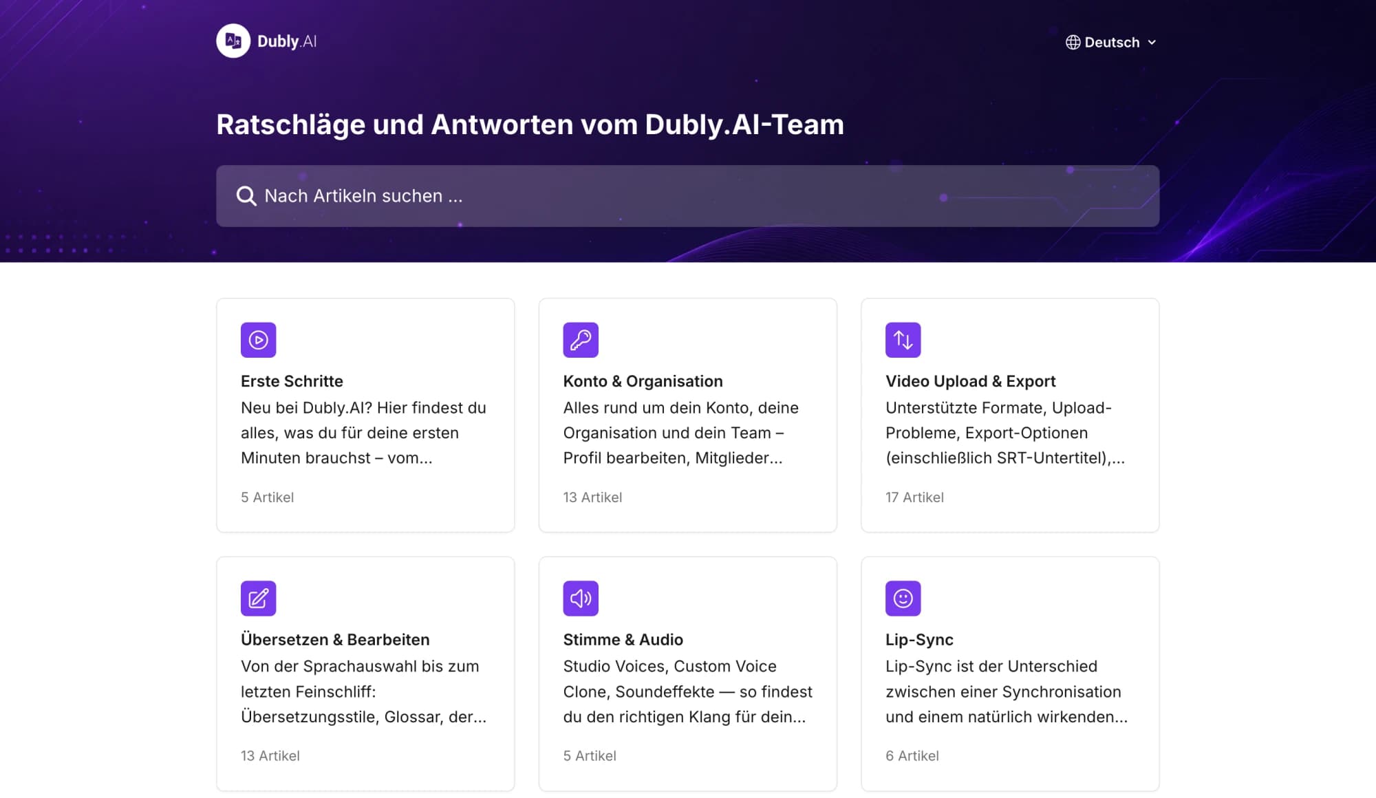 Das Dubly.AI Help Center mit Suchleiste und Themen-Karten wie Erste Schritte, Video Upload & Export und Lip-Sync