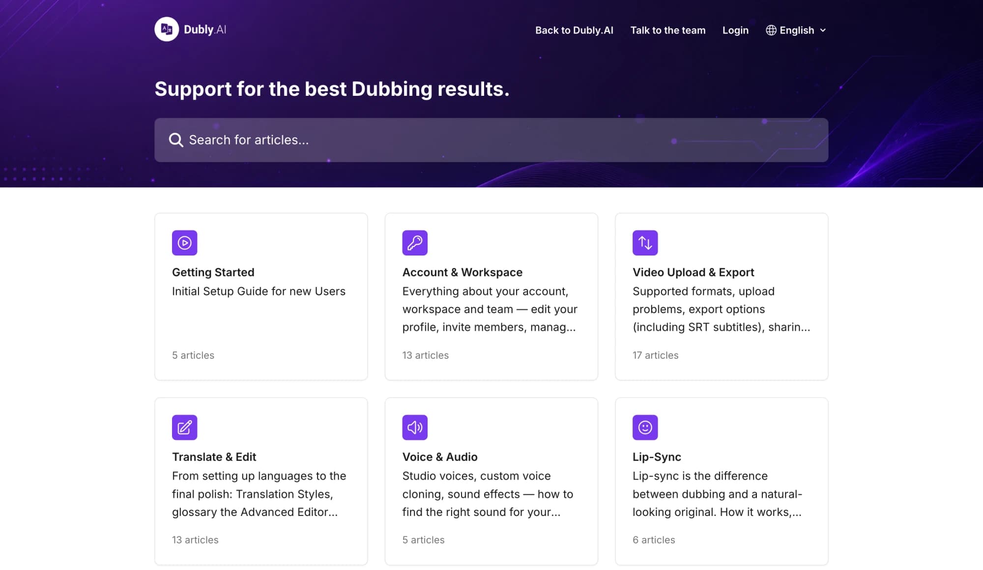 The Dubly.AI Help Center with a search bar and topic cards like Getting Started, Video Upload & Export, and Lip-Sync
